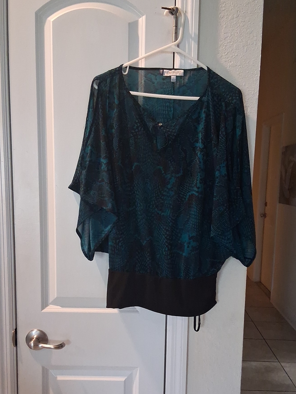 Jennifer Lopez Teal and Black Snake-Print Blouse